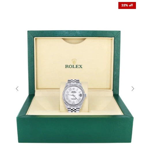 Diamond Mens Rolex Datejust Watch 16200 | 36Mm | White Roman Numeral Dial | Jubilee Band