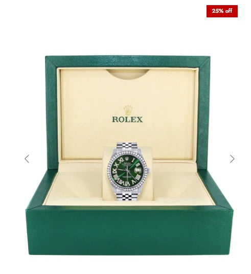Diamond Mens Rolex Datejust Watch 16200 | 36Mm | Custom Green Roman Numeral Dial | Jubilee Band