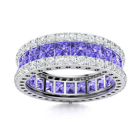 "Princess-Cut Tanzanite and Moissanite Wedding Ring for Women – Natural AAAA Tanzanite with Diamond-Look Stones in Elegant Band"