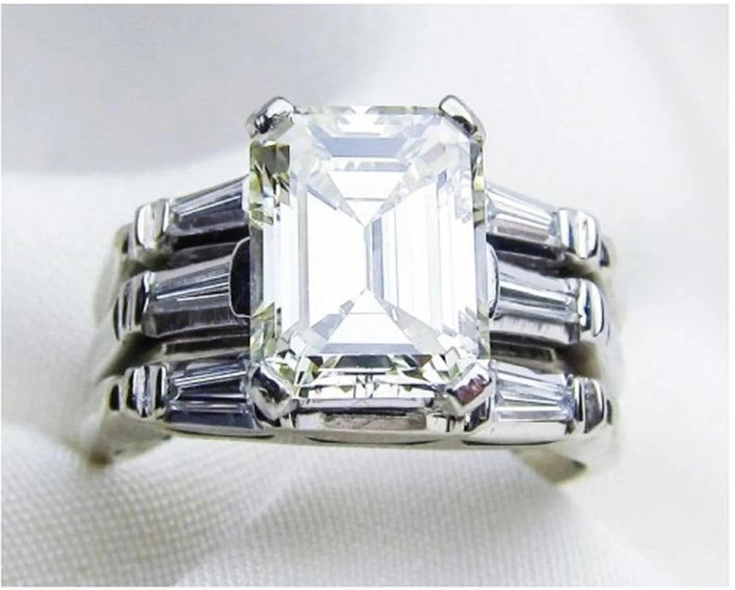 "Three Stone Emerald Cut Moissanite Trio Ring Set – VVS D-Color 925 Sterling Silver Bridal Jewelry for Women"