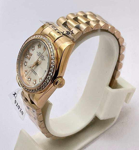 "Role Datejust 36mm White Dial Women’s Watch with Diamond Bezel & Rose Gold Two-Tone Bracelet – Swiss ETA Automatic Movement 1:1 Super Clone Luxury Replica"