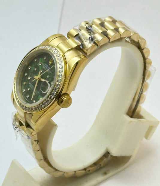"Role Datejust 31mm Green Floral Dial Women’s Watch with Diamond Bezel & Rose Gold Bracelet – Swiss ETA Automatic Movement 1:1 Super Clone Replica"