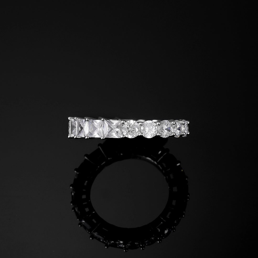 MW Lavish Shinny VVS Moissanite 925 Sterling Silver Half Princess & Half Round Eternity Ring MW_R1024