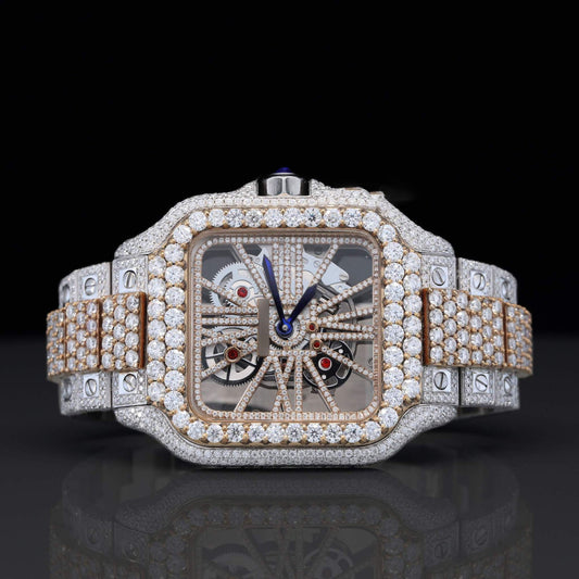 Iced Out Two-Tone 41MM VVS Moissanite Diamond Hip-Hop Skeleton Watch