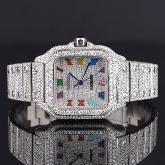 Rainbow Design Roman Numeral Fully Automatic Moissanite Watch – Luxury Iced Out VVS Bust down Bling Watch for Men