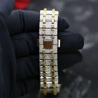 Baguette & Round VVS Moissanite Diamond Full Iced Out Watch, Stainless Steel Self-Winding Diamond Watch for Him