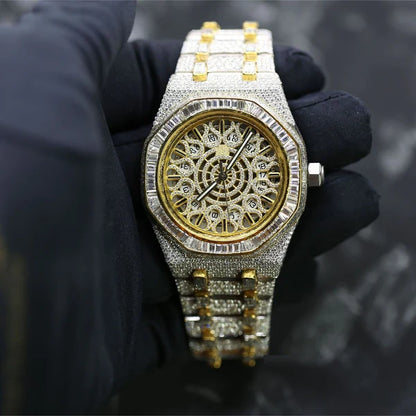 Baguette & Round VVS Moissanite Diamond Full Iced Out Watch, Stainless Steel Self-Winding Diamond Watch for Him