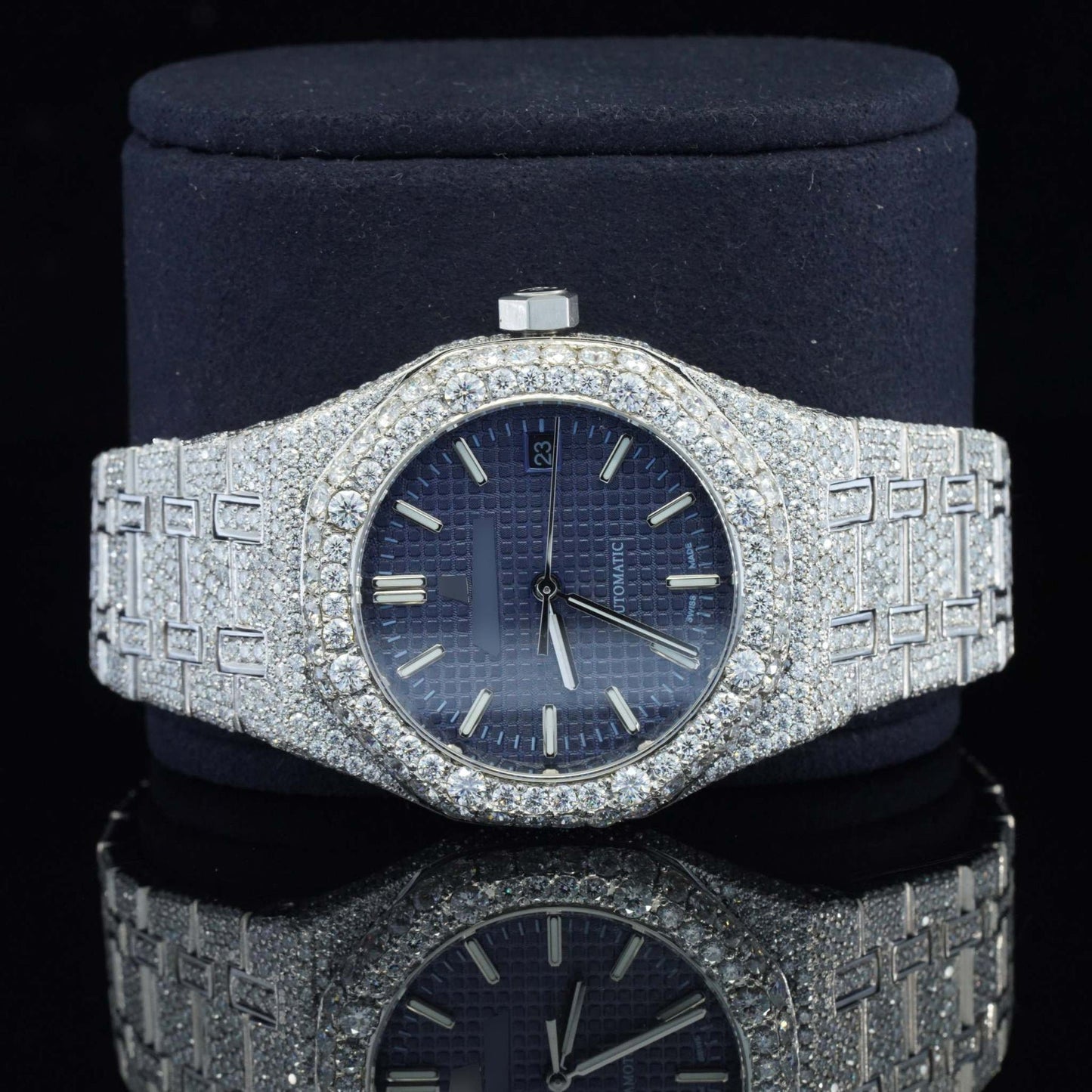 Blue Dial Iced Out Moissanite Watch for Men – Luxury VVS Bustdown Automatic Bling Watch with Stylish Hip Hop Design