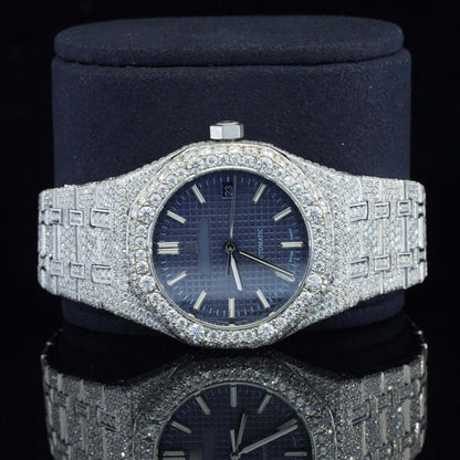 Blue Dial Iced Out Moissanite Watch for Men – Luxury VVS Bustdown Automatic Bling Watch with Stylish Hip Hop Design