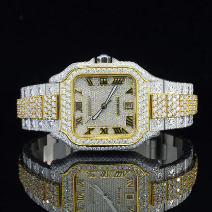 Moissanite Watch with Roman Numerals – Fully Iced Out Diamond Automatic Bustdown Bling Watch for Men – Luxury Design