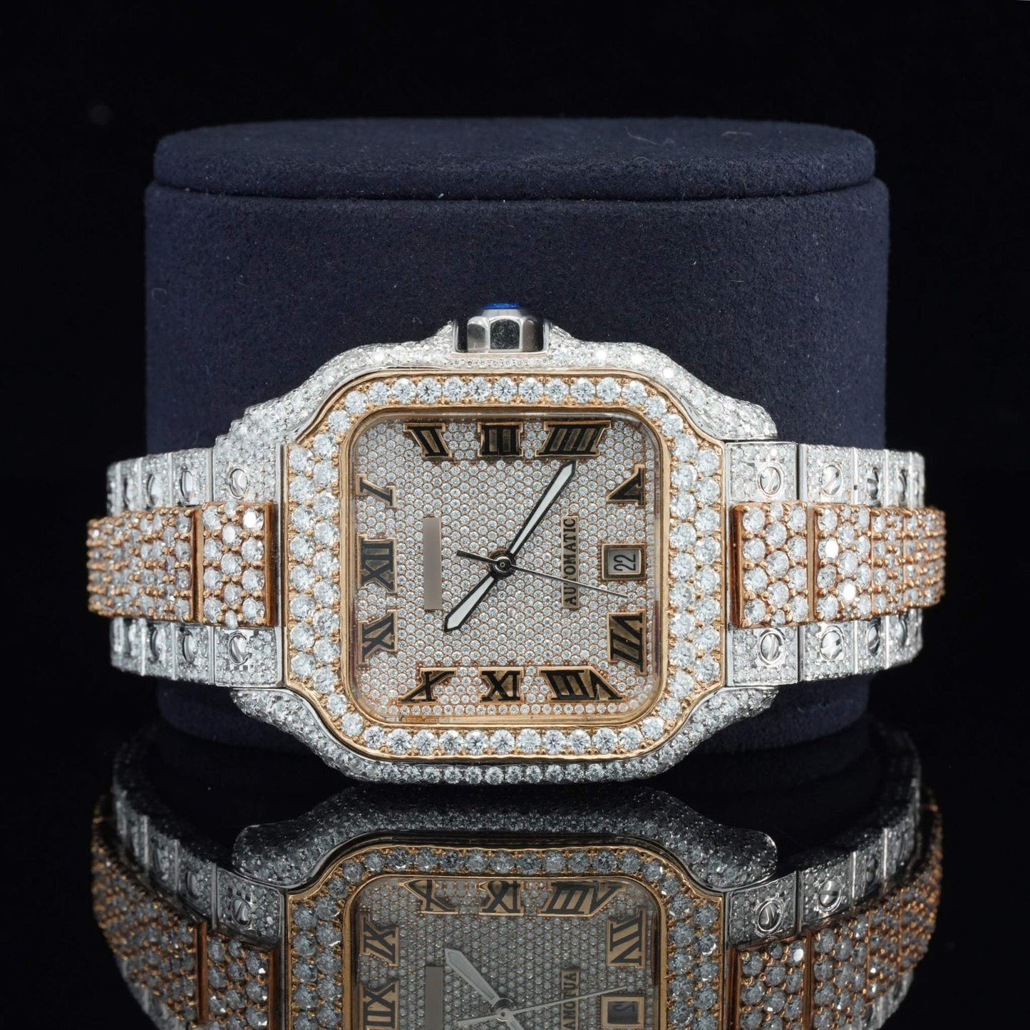 Moissanite Watch with Roman Numerals – Fully Iced Out Diamond Automatic Bustdown Bling Watch for Men – Luxury Design