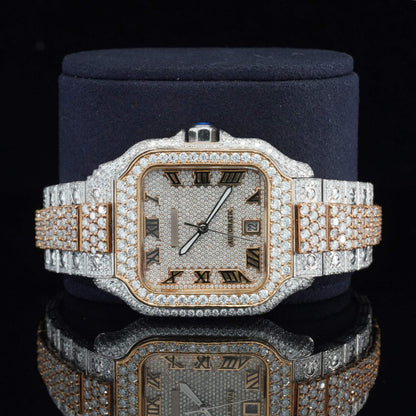 Moissanite Watch with Roman Numerals – Fully Iced Out Diamond Automatic Bustdown Bling Watch for Men – Luxury Design