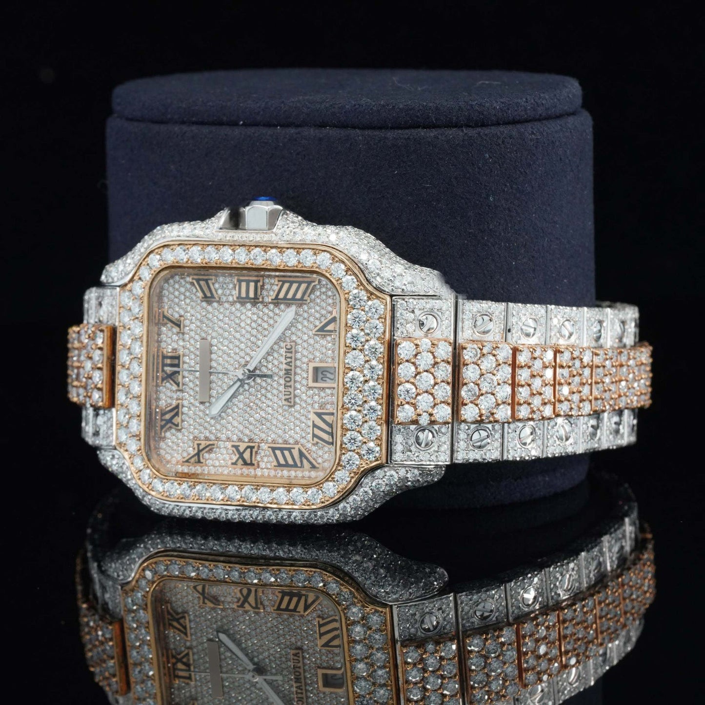 Moissanite Watch with Roman Numerals – Fully Iced Out Diamond Automatic Bustdown Bling Watch for Men – Luxury Design