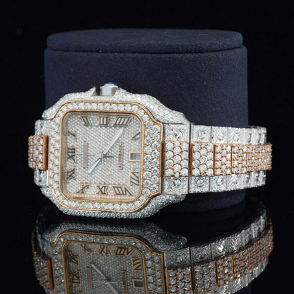 Moissanite Watch with Roman Numerals – Fully Iced Out Diamond Automatic Bustdown Bling Watch for Men – Luxury Design