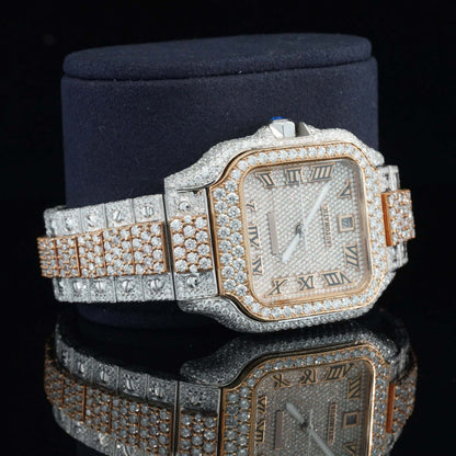 Moissanite Watch with Roman Numerals – Fully Iced Out Diamond Automatic Bustdown Bling Watch for Men – Luxury Design