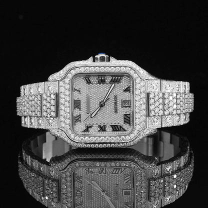 Moissanite Watch with Roman Numerals – Fully Iced Out Diamond Automatic Bustdown Bling Watch for Men – Luxury Design