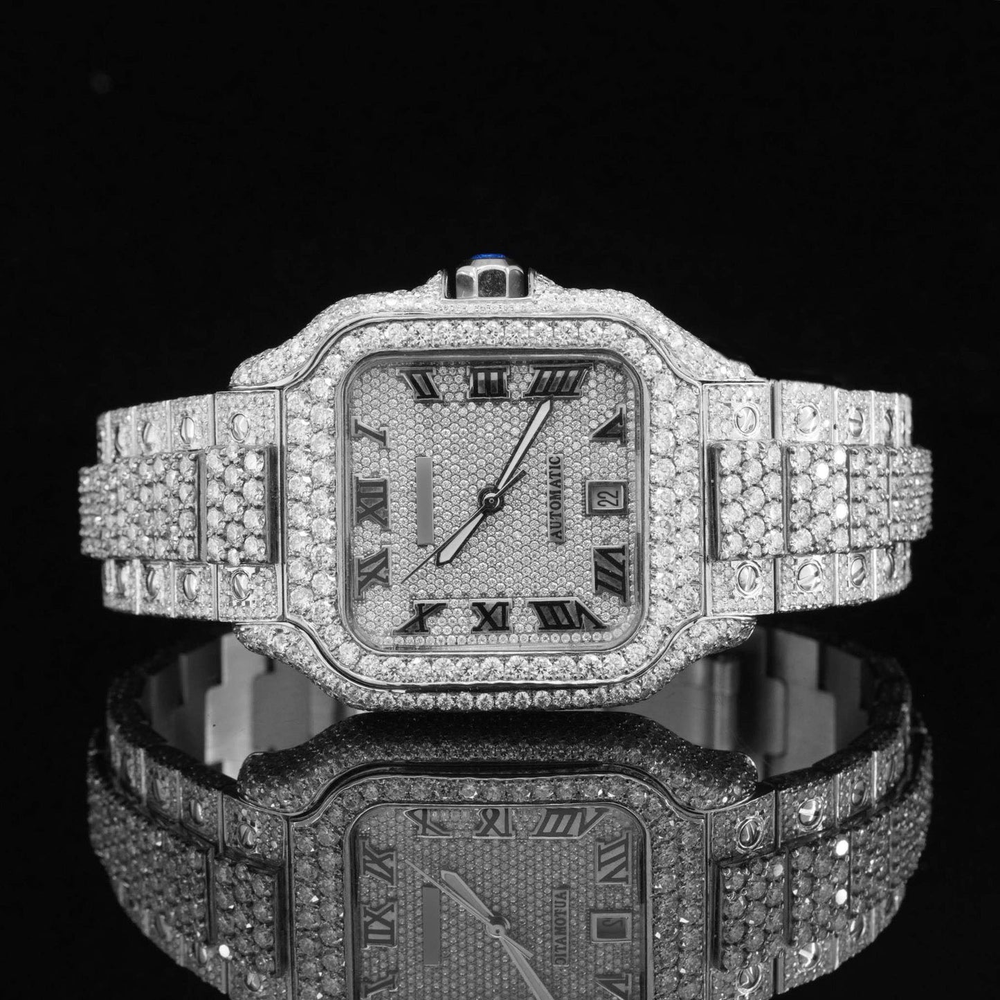 Moissanite Watch with Roman Numerals – Fully Iced Out Diamond Automatic Bustdown Bling Watch for Men – Luxury Design