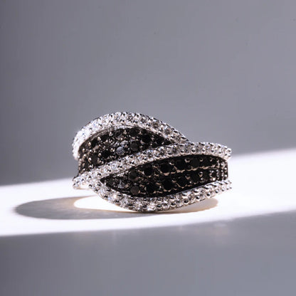 925 Sterling Silver Crossover Ring for Women – Simulated Black & White Moissanite Cubic Zirconia Engagement Band