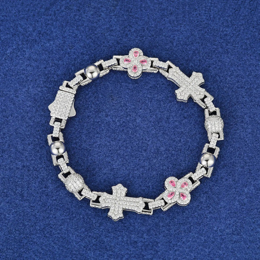 14mm Moissanite Pink Four-Leaf Clover Cross Bracelet – VVS Diamond-Look Statement Jewelry in 925 Silver, Yellow, Rose & White Gold Finishes