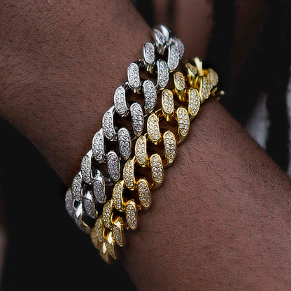 "14mm Moissanite Handset Iced Cuban Link Bracelet in Gold Finish – VVS Diamond-Look Hip Hop Jewelry for Men & Women"