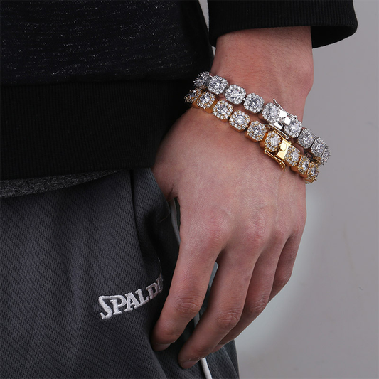 "10mm Moissanite Clustered Tennis Bracelet in White Gold – Iced Out VVS Diamond-Look Luxury Jewelry for Men & Women"