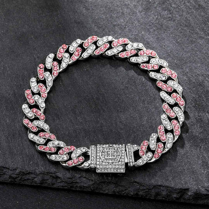 "10mm Moissanite White & Pink Stones Cuban Link Bracelet – Iced Out VVS Diamond-Look Hip Hop Jewelry for Men & Women"