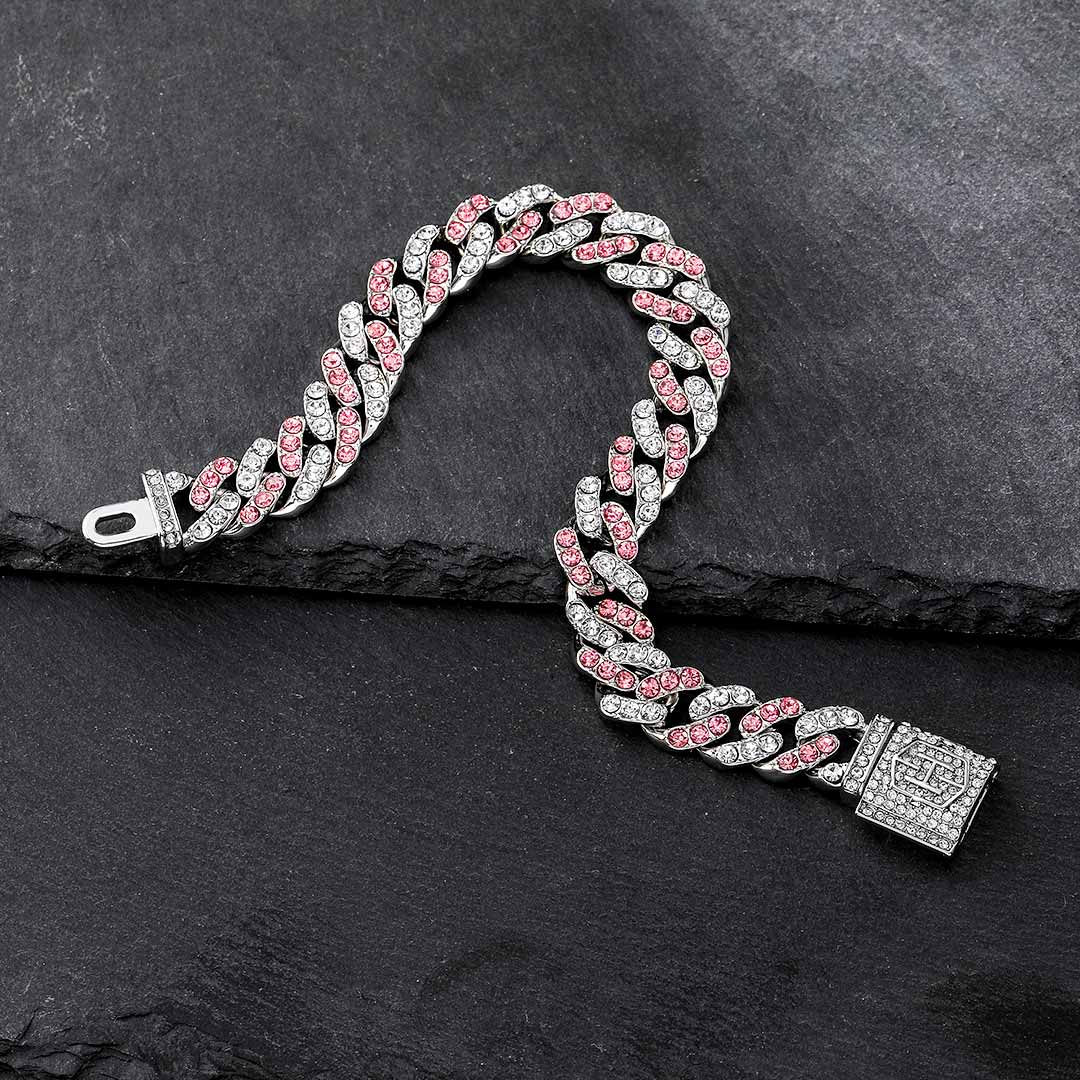 "10mm Moissanite White & Pink Stones Cuban Link Bracelet – Iced Out VVS Diamond-Look Hip Hop Jewelry for Men & Women"
