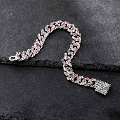 "10mm Moissanite White & Pink Stones Cuban Link Bracelet – Iced Out VVS Diamond-Look Hip Hop Jewelry for Men & Women"