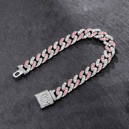 "10mm Moissanite White & Pink Stones Cuban Link Bracelet – Iced Out VVS Diamond-Look Hip Hop Jewelry for Men & Women"