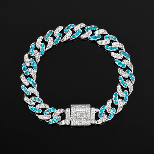 "10mm Moissanite Blue & White Stones Cuban Link Bracelet in White Gold – Iced Out VVS Diamond-Look Hip Hop Jewelry for Men & Women"