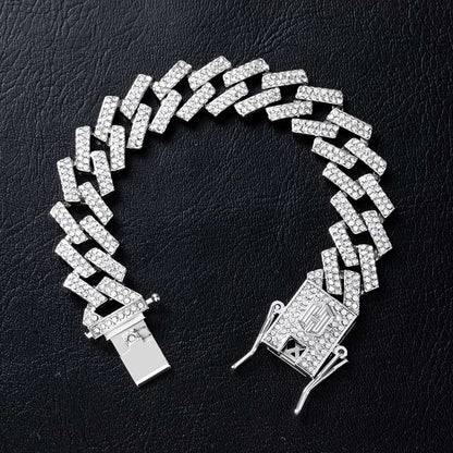 "14mm Moissanite Iced Prong Cuban Link Bracelet in White Gold – VVS Diamond-Look Hip Hop Jewelry for Men & Women"