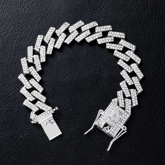 "14mm Moissanite Iced Prong Cuban Link Bracelet in White Gold – VVS Diamond-Look Hip Hop Jewelry for Men & Women"