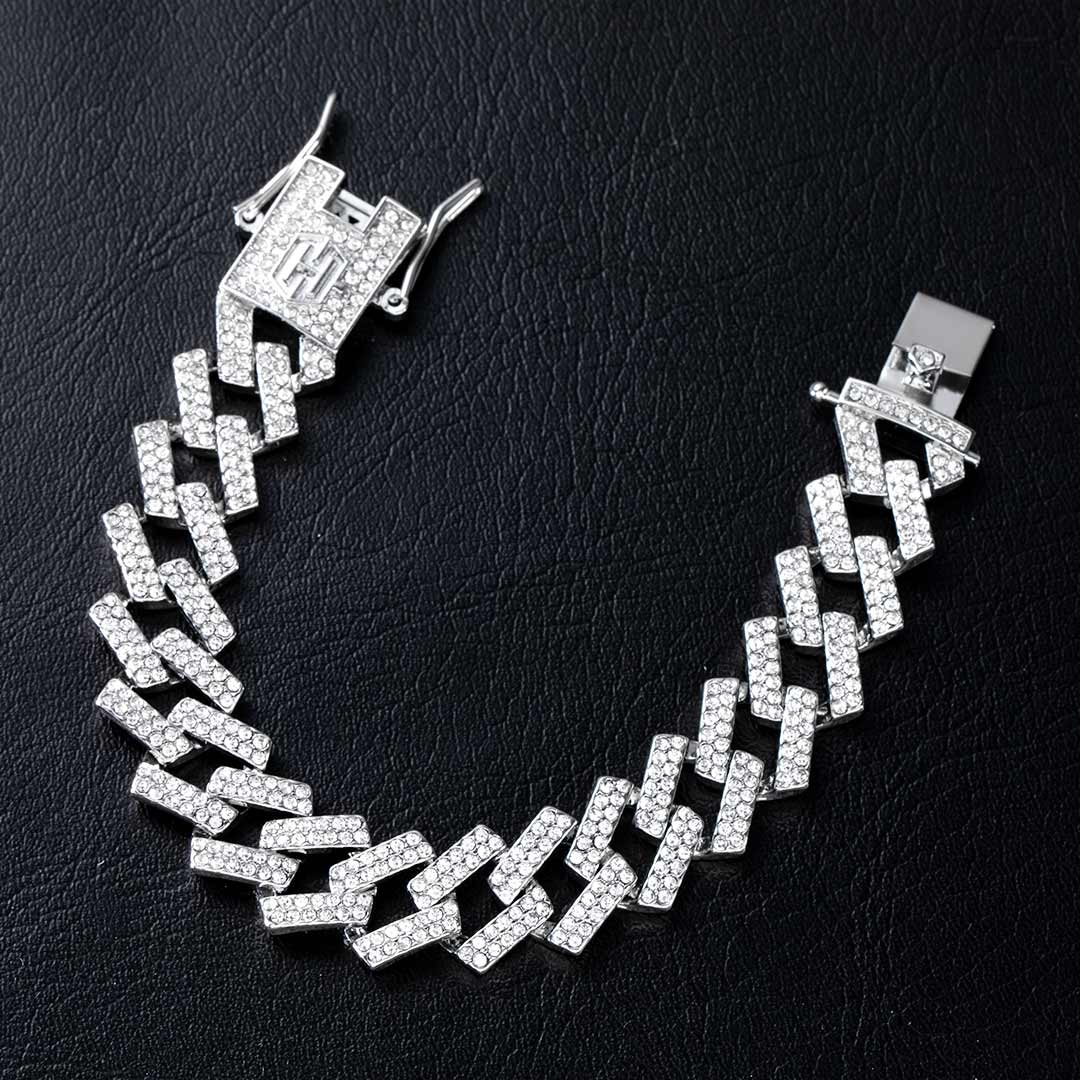 "14mm Moissanite Iced Prong Cuban Link Bracelet in White Gold – VVS Diamond-Look Hip Hop Jewelry for Men & Women"
