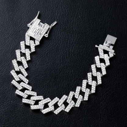 "14mm Moissanite Iced Prong Cuban Link Bracelet in White Gold – VVS Diamond-Look Hip Hop Jewelry for Men & Women"