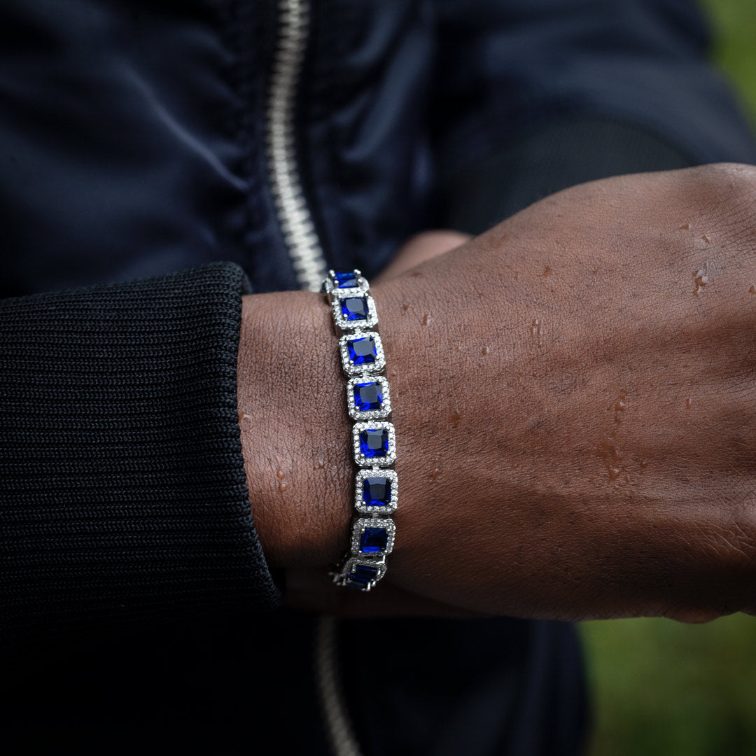 10mm Moissanite & Sapphire Clustered Tennis Bracelet in White Gold – Iced Out VVS Diamond-Look Unisex Luxury Jewelry"