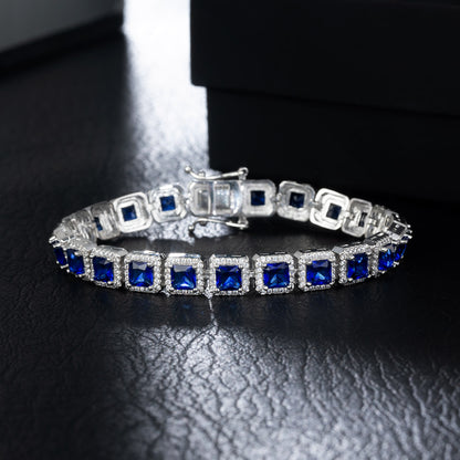 10mm Moissanite & Sapphire Clustered Tennis Bracelet in White Gold – Iced Out VVS Diamond-Look Unisex Luxury Jewelry"