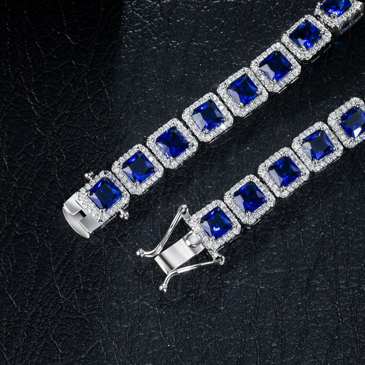 10mm Moissanite & Sapphire Clustered Tennis Bracelet in White Gold – Iced Out VVS Diamond-Look Unisex Luxury Jewelry"