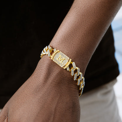 10MM"Moissanite Letter Iced Prong Cuban Link Bracelet in Gold – Custom VVS Diamond-Look Hip Hop Jewelry for Men & Women"