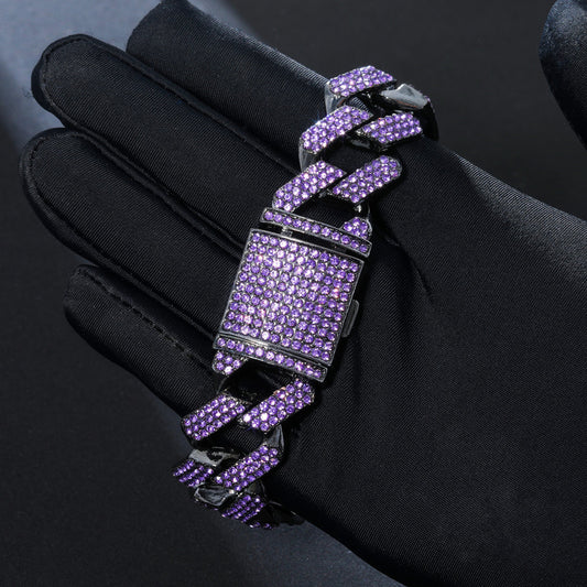 10MM Moissanite Purple Iced Out Miami Cuban Link Bracelet – VVS Diamond-Look Hip Hop Jewelry in Black Gold for Men & Women