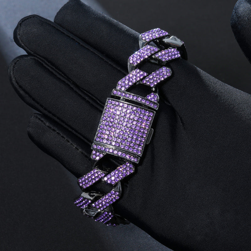 10MM Moissanite Purple Iced Out Miami Cuban Link Bracelet – VVS Diamond-Look Hip Hop Jewelry in Black Gold for Men & Women