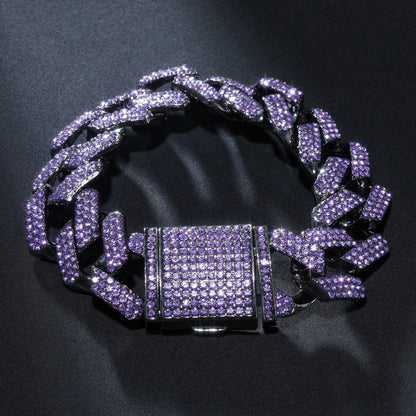 10MM Moissanite Purple Iced Out Miami Cuban Link Bracelet – VVS Diamond-Look Hip Hop Jewelry in Black Gold for Men & Women