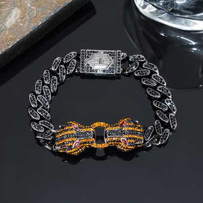 10MM Moissanite Double Orange Panther Cuban Link Bracelet – Iced Out VVS Diamond-Look Hip Hop Jewelry for Men & Women