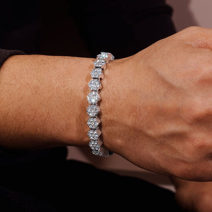 5mm Moissanite Hexagon Tennis Bracelet in White Gold – Iced Out VVS Diamond-Look Unisex Luxury Jewelry