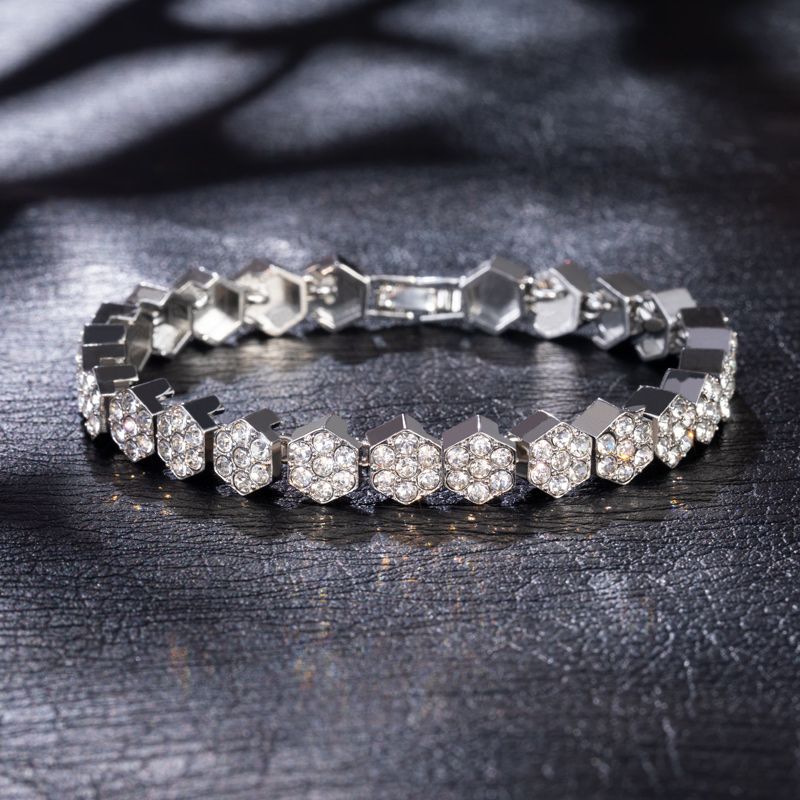 5mm Moissanite Hexagon Tennis Bracelet in White Gold – Iced Out VVS Diamond-Look Unisex Luxury Jewelry