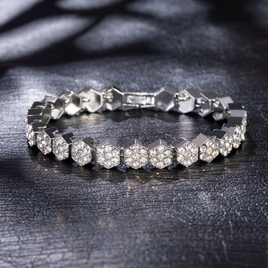 5mm Moissanite Hexagon Tennis Bracelet in White Gold – Iced Out VVS Diamond-Look Unisex Luxury Jewelry