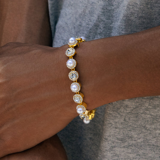 5mm Moissanite & Pearl Tennis Bracelet in Gold – Iced Out VVS Diamond-Look Luxury Jewelry for Women in Yellow, Rose & White Gold