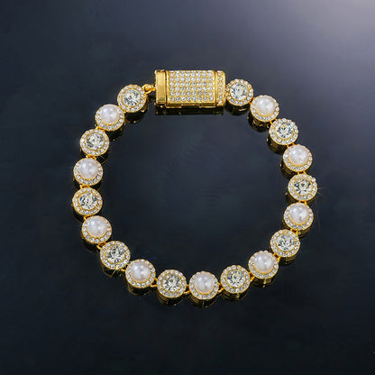 5mm Moissanite & Pearl Tennis Bracelet in Gold – Iced Out VVS Diamond-Look Luxury Jewelry for Women in Yellow, Rose & White Gold