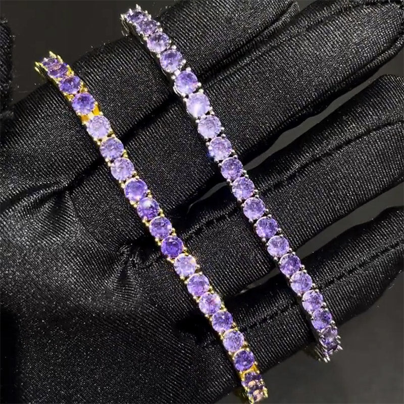"4mm Moissanite Purple Tennis Bracelet – Iced Out VVS Diamond-Look Unisex Luxury Jewelry in White, Yellow & Rose Gold"