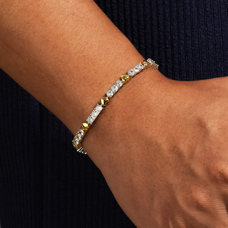 "4mm Moissanite Two-Tone Heart Tennis Bracelet – Iced Out VVS Diamond-Look Romantic Jewelry in White, Yellow & Rose Gold"
