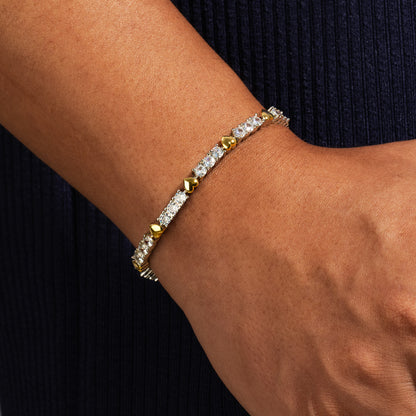 "4mm Moissanite Two-Tone Heart Tennis Bracelet – Iced Out VVS Diamond-Look Romantic Jewelry in White, Yellow & Rose Gold"